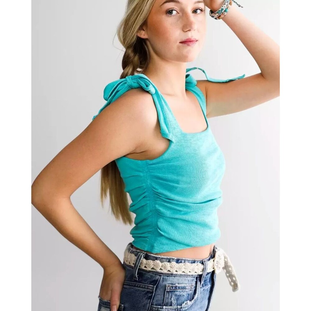 Free People Boulevard Tank Top XL Ribbed Blue Crop Tie Shoulder Ruched Boho New